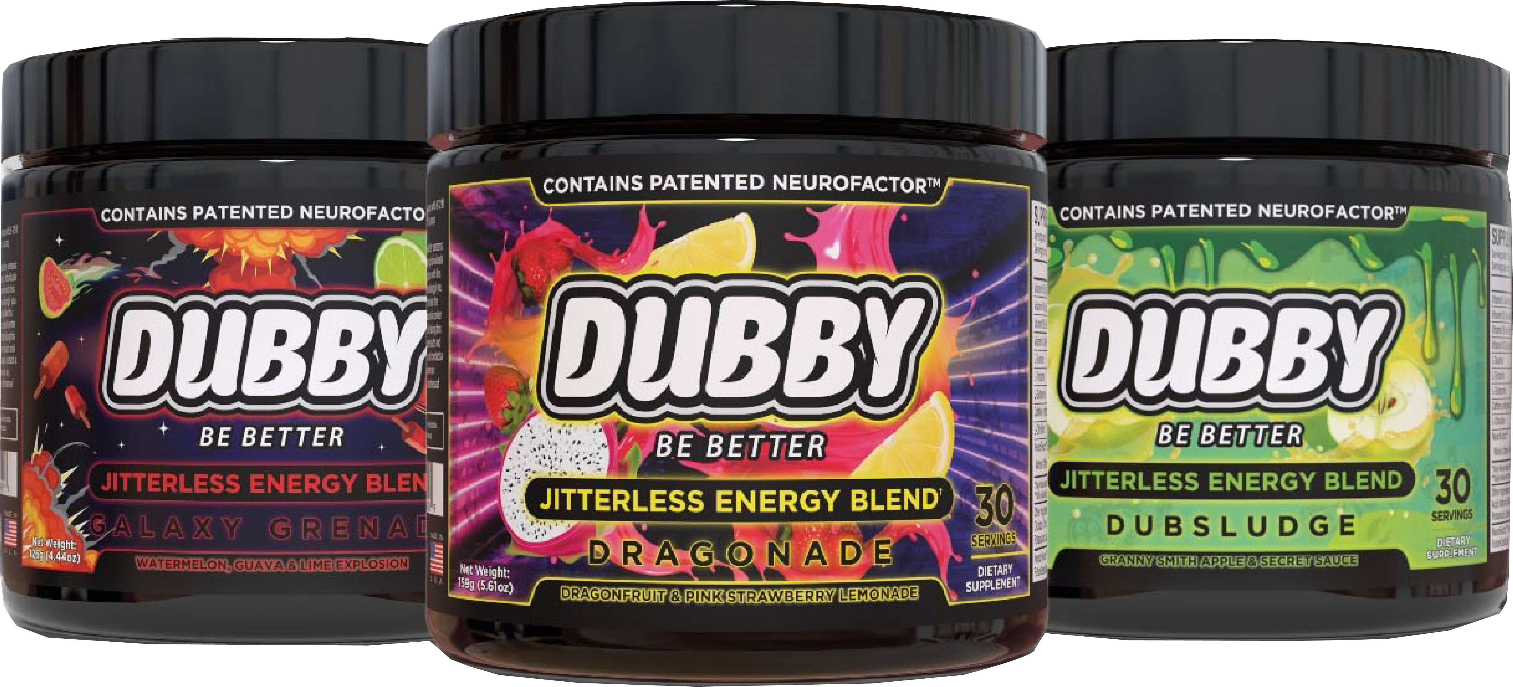 Three DUBBY energy blend tubs: Galaxy Grenade, Dragonade and Dubsludge